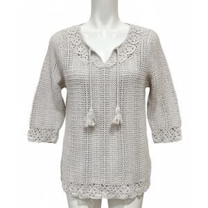 CHRISTOPHER BANKS Women Crochet Tunic Top Medium Beige Boho Cottagecore